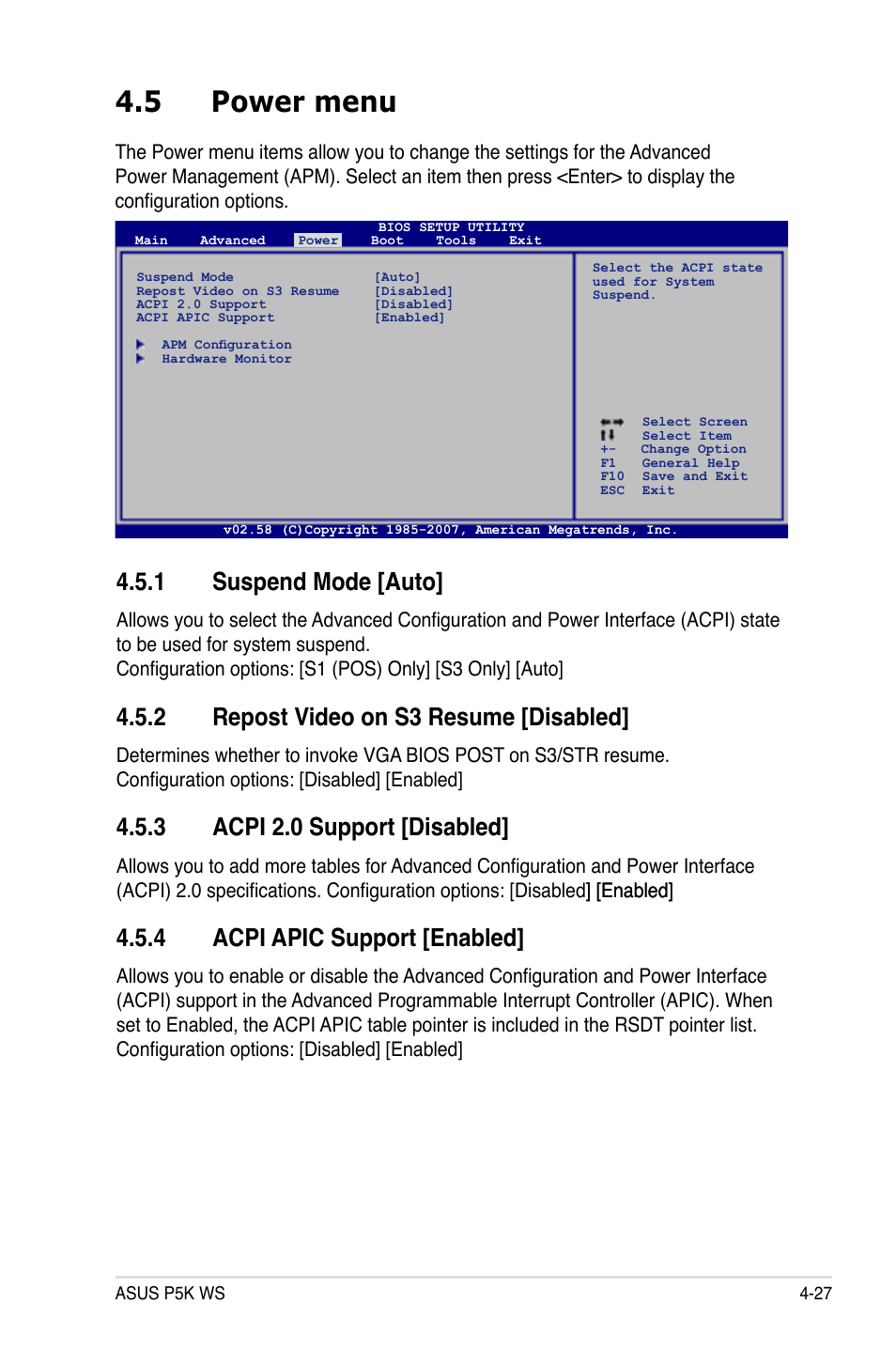 5 power menu, 1 suspend mode [auto, 2 repost video on s3 resume [disabled | 3 acpi 2.0 support [disabled, 4 acpi apic support [enabled | Asus P5K WS User Manual | Page 89 / 148