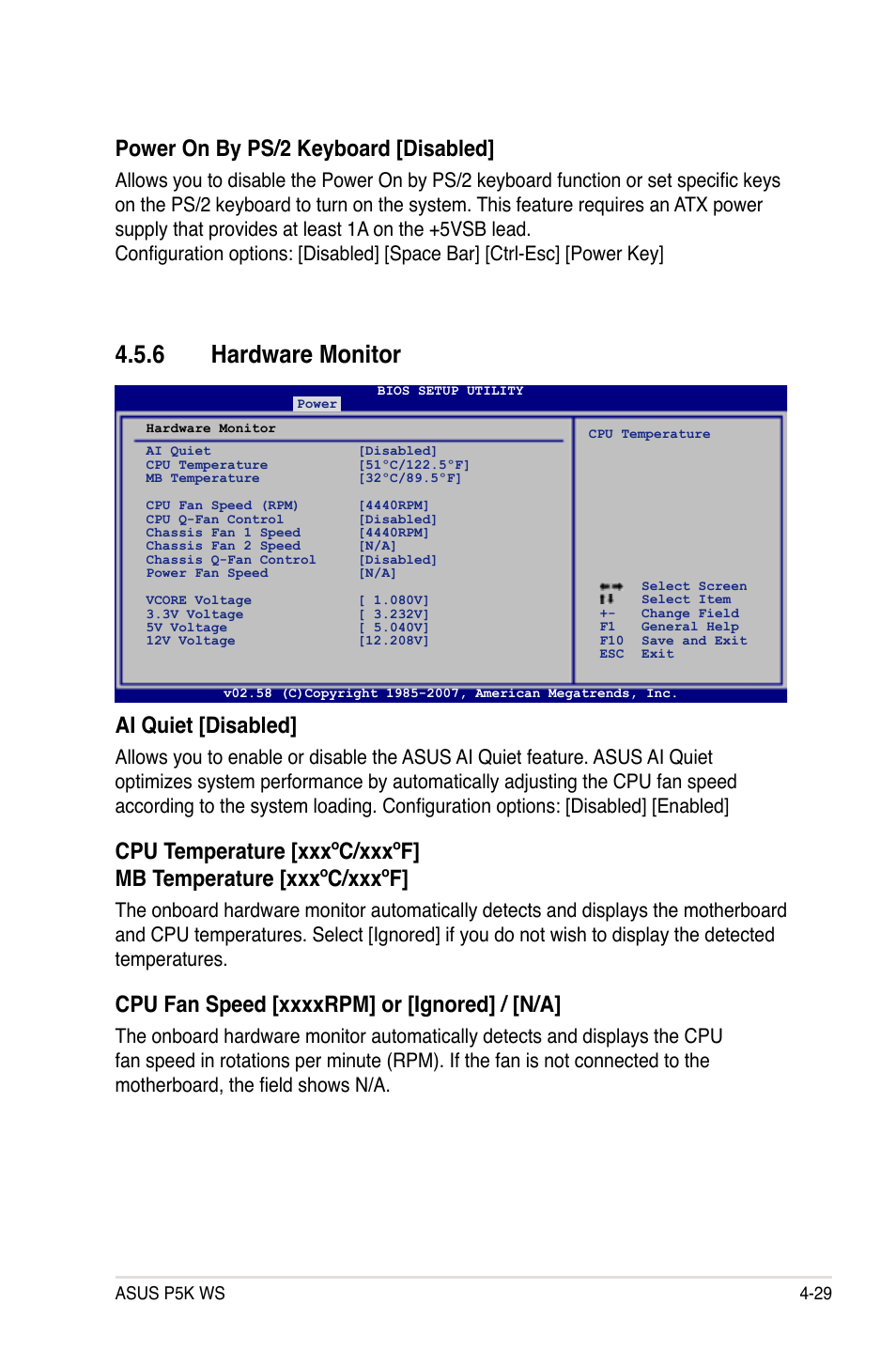 6 hardware monitor, Ai quiet [disabled, Power on by ps/2 keyboard [disabled | Asus P5K WS User Manual | Page 91 / 148