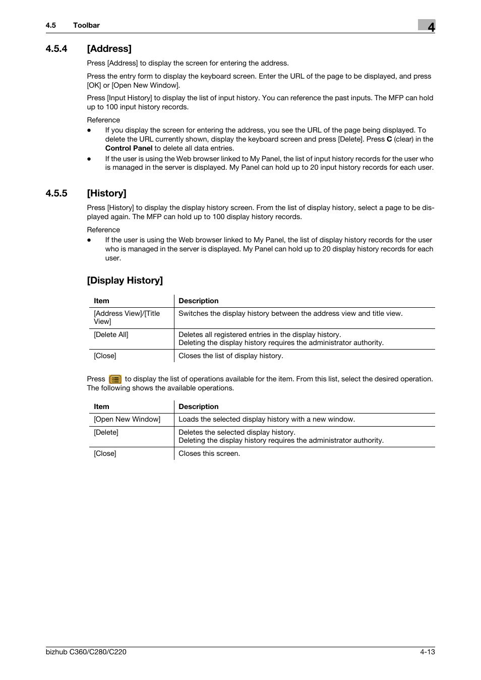 4 [address, 5 [history, Display history | Address] -13, History] -13 [display history] -13 | Konica Minolta BIZHUB C360 User Manual | Page 31 / 111