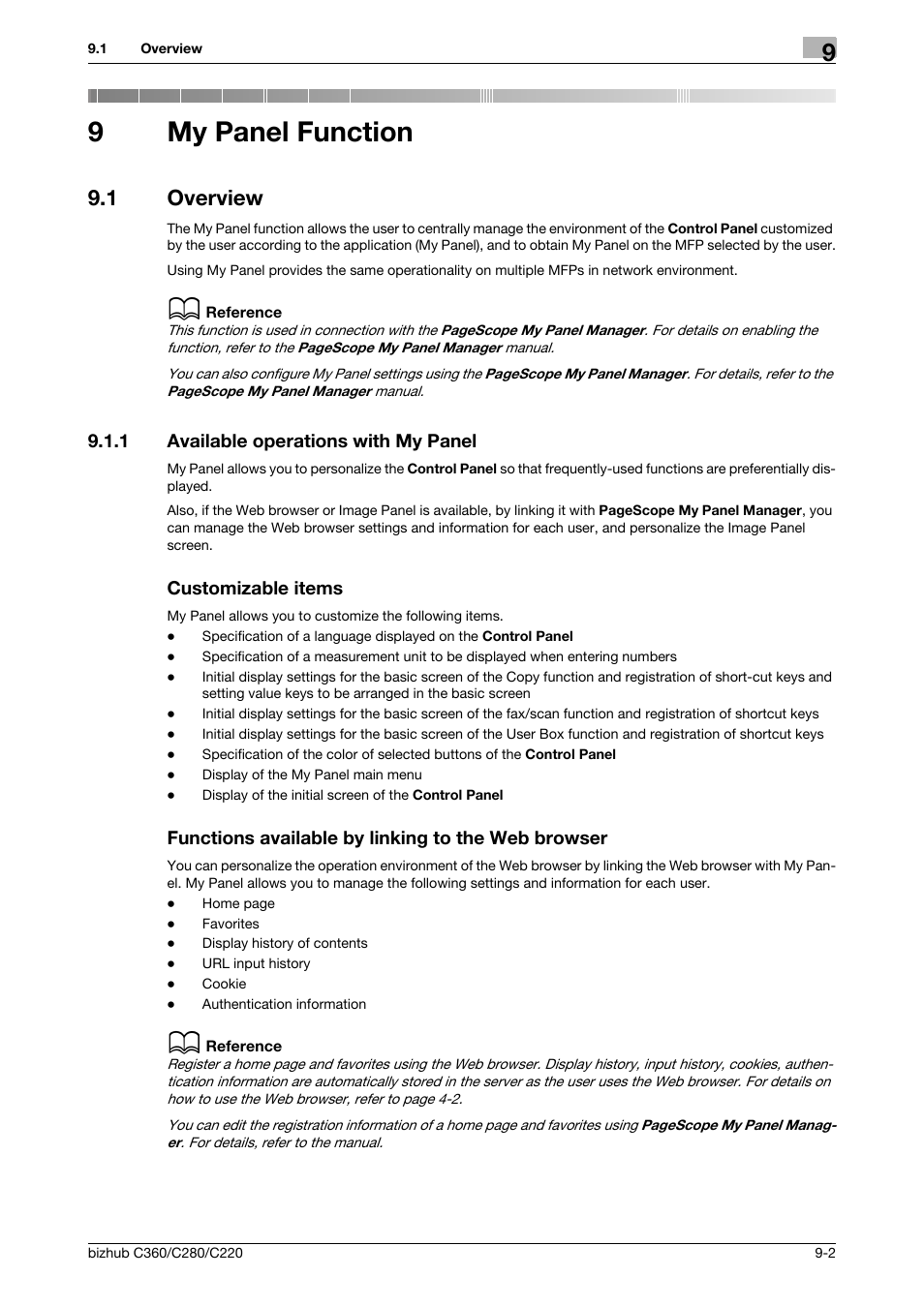 9 my panel function, 1 overview, 1 available operations with my panel | Customizable items, Functions available by linking to the web browser, My panel function, Overview -2, P. 9-2, 9my panel function | Konica Minolta BIZHUB C360 User Manual | Page 86 / 111