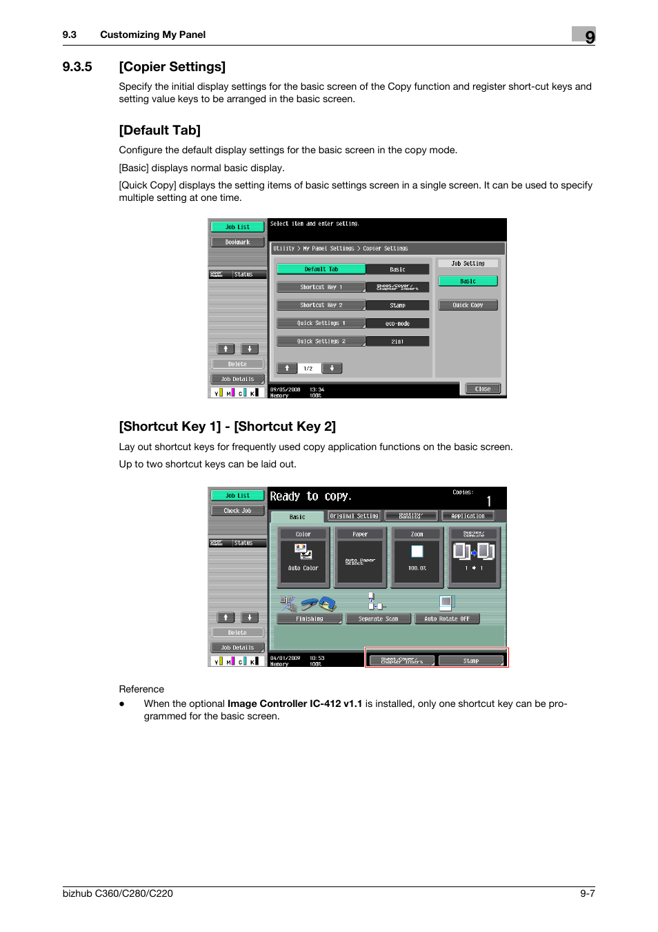 5 [copier settings, Default tab, Shortcut key 1] - [shortcut key 2 | Copier settings] -7 | Konica Minolta BIZHUB C360 User Manual | Page 91 / 111