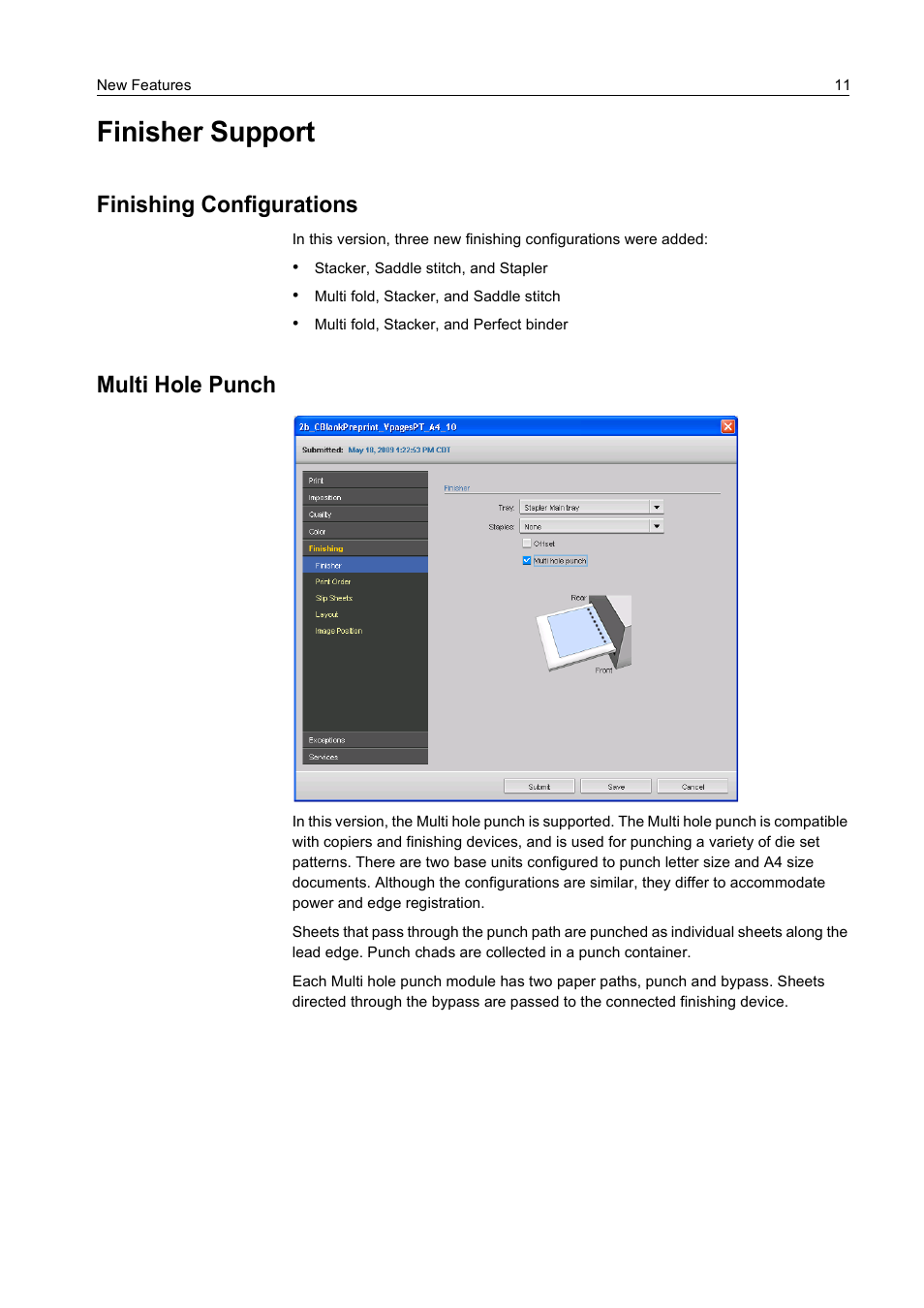 Finisher support, Finishing configurations, Multi hole punch | Finishing configurations multi hole punch | Konica Minolta bizhub PRO C65hc User Manual | Page 17 / 38