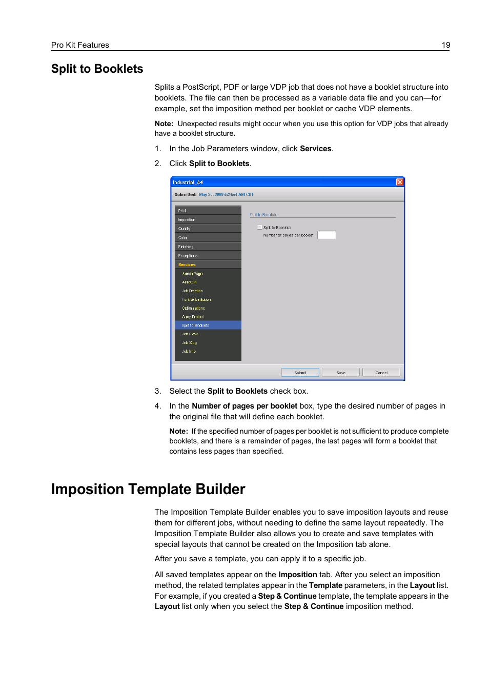 Split to booklets, In the job parameters window, click services, Click split to booklets | Select the split to booklets check box, Imposition template builder | Konica Minolta bizhub PRO C65hc User Manual | Page 25 / 38