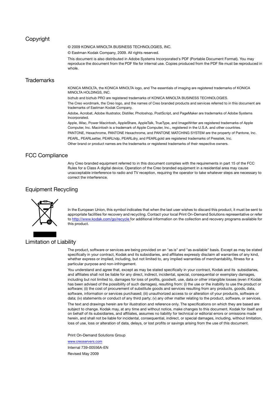 Copyright, Trademarks, Fcc compliance | Equipment recycling, Limitation of liability | Konica Minolta bizhub PRO C65hc User Manual | Page 3 / 38