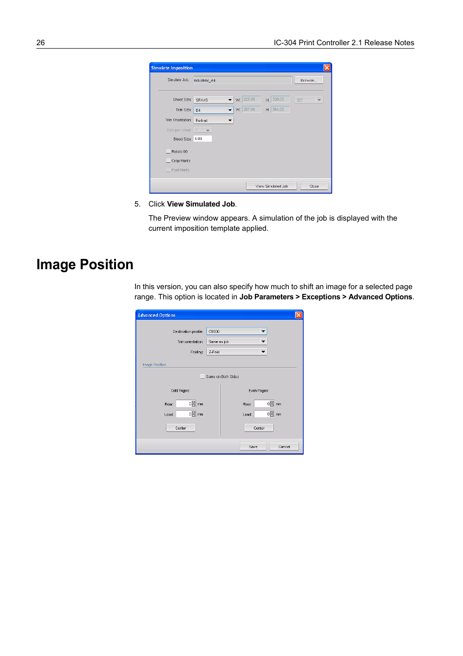 Click view simulated job, Image position | Konica Minolta bizhub PRO C65hc User Manual | Page 32 / 38