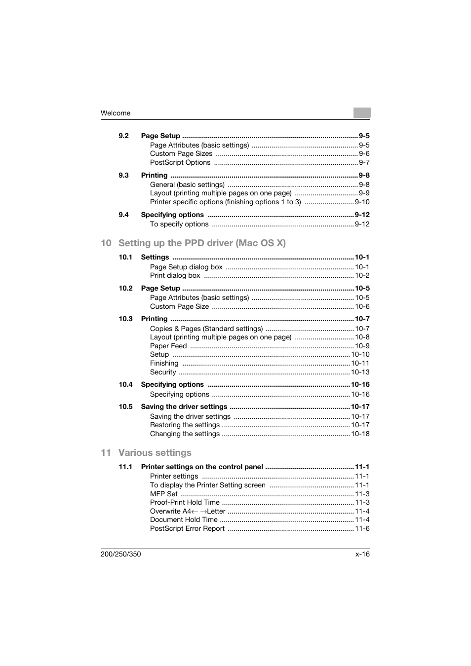 10 setting up the ppd driver (mac os x), 11 various settings | Konica Minolta bizhub 200 User Manual | Page 17 / 382