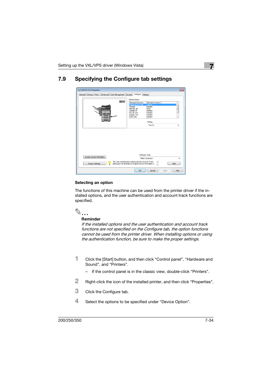 9 specifying the configure tab settings, Selecting an option, Specifying the configure tab settings -34 | Selecting an option -34 | Konica Minolta bizhub 200 User Manual | Page 219 / 382