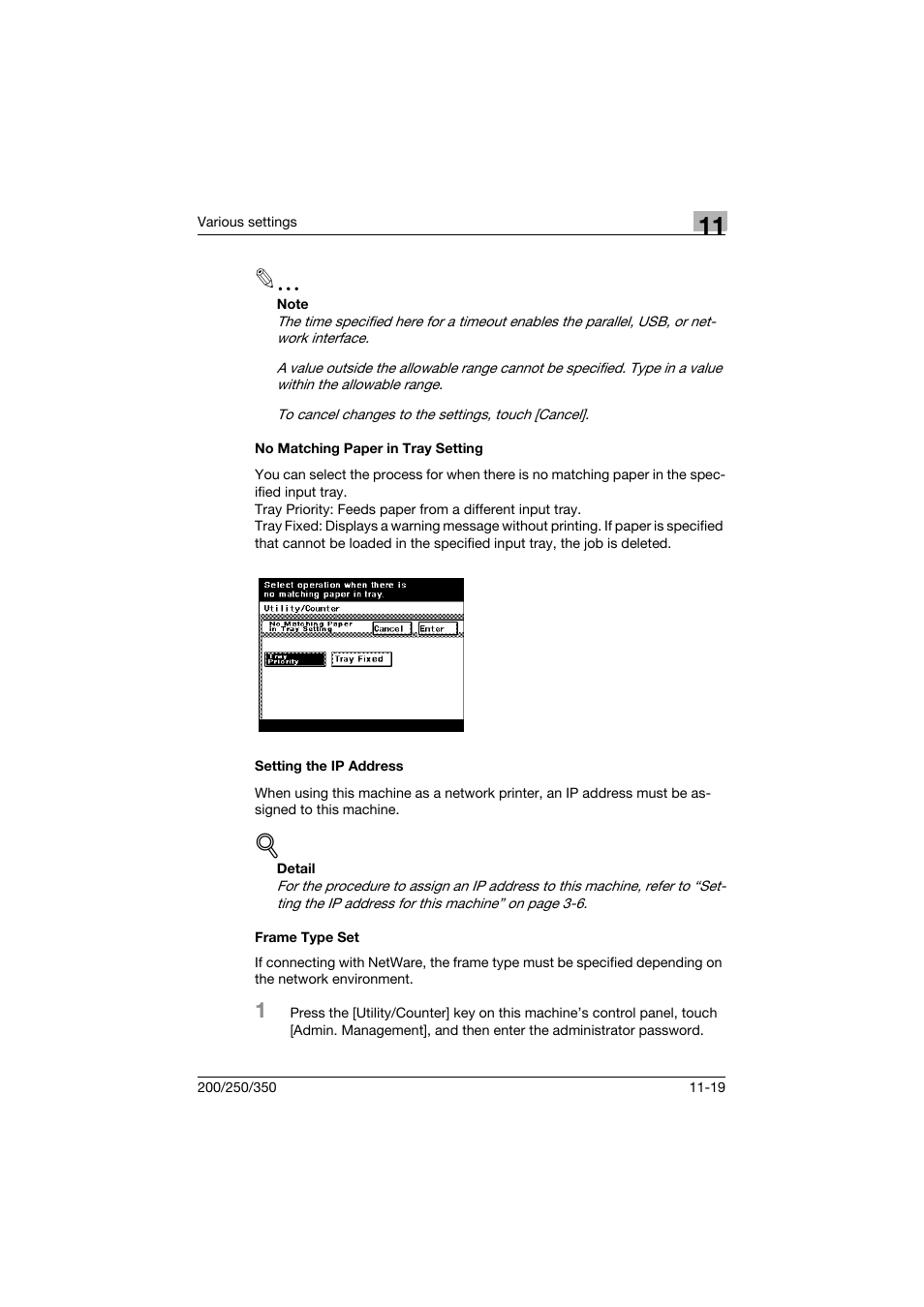No matching paper in tray setting, Setting the ip address, Frame type set | Konica Minolta bizhub 200 User Manual | Page 286 / 382