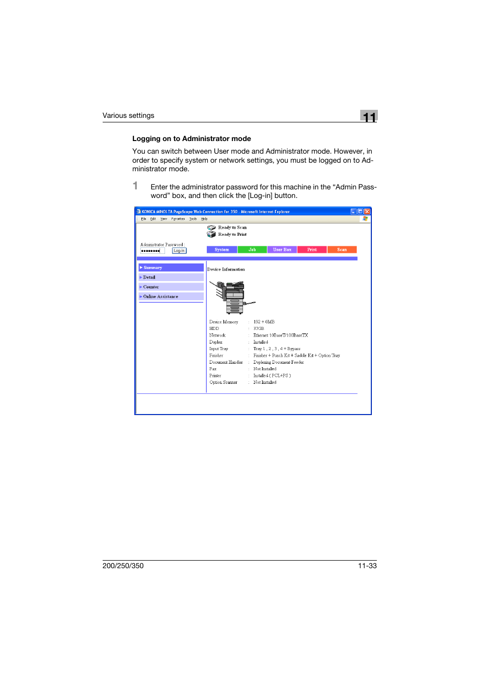 Logging on to administrator mode, Logging on to administrator mode -33 | Konica Minolta bizhub 200 User Manual | Page 300 / 382