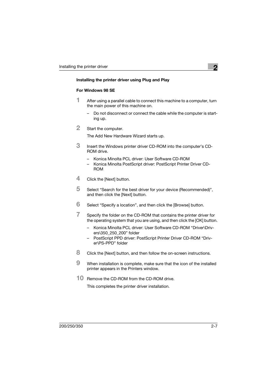 Installing the printer driver using plug and play, For windows 98 se | Konica Minolta bizhub 200 User Manual | Page 38 / 382