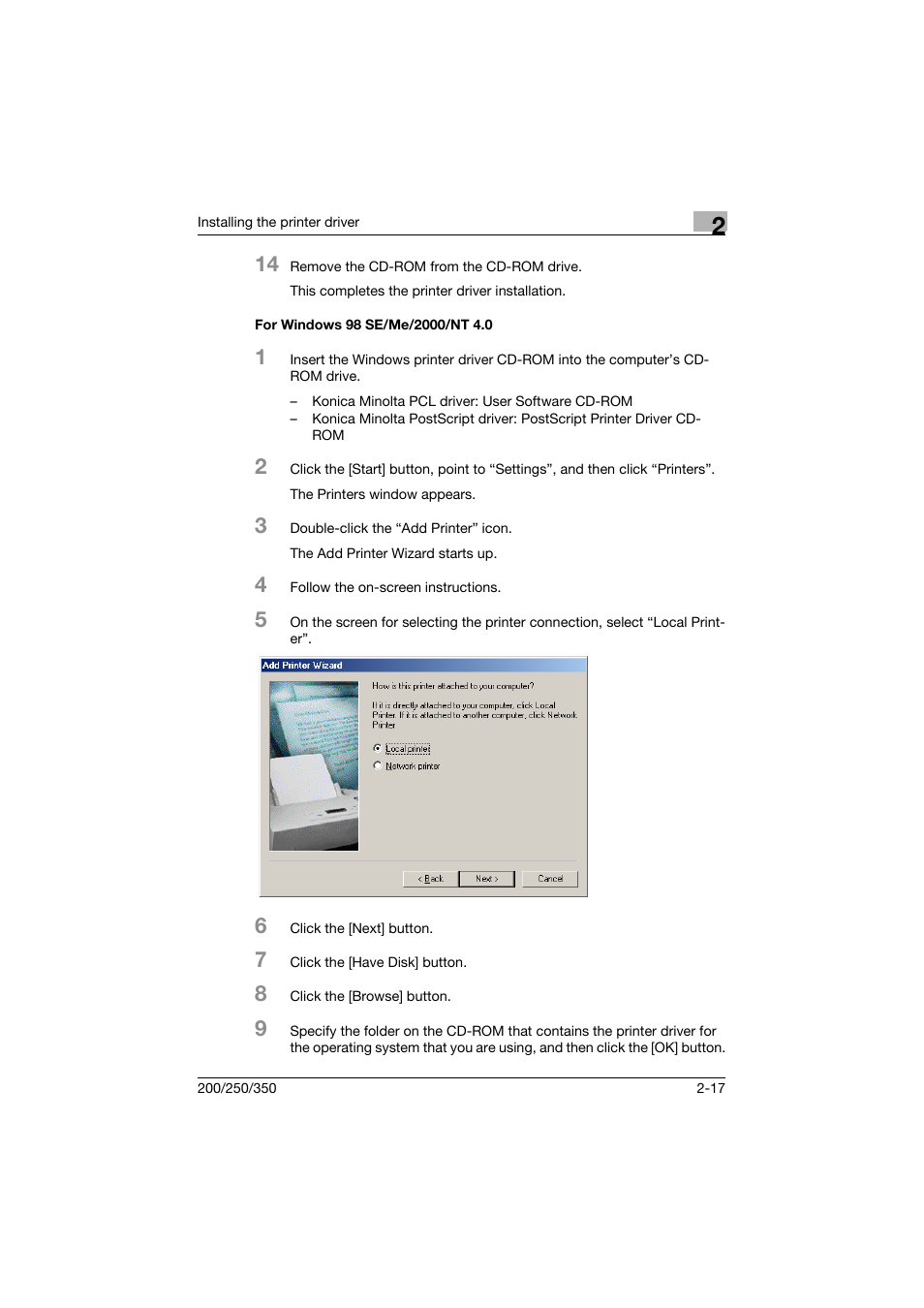 For windows 98 se/me/2000/nt 4.0, For windows 98 se/me/2000/nt 4.0 -17 | Konica Minolta bizhub 200 User Manual | Page 48 / 382