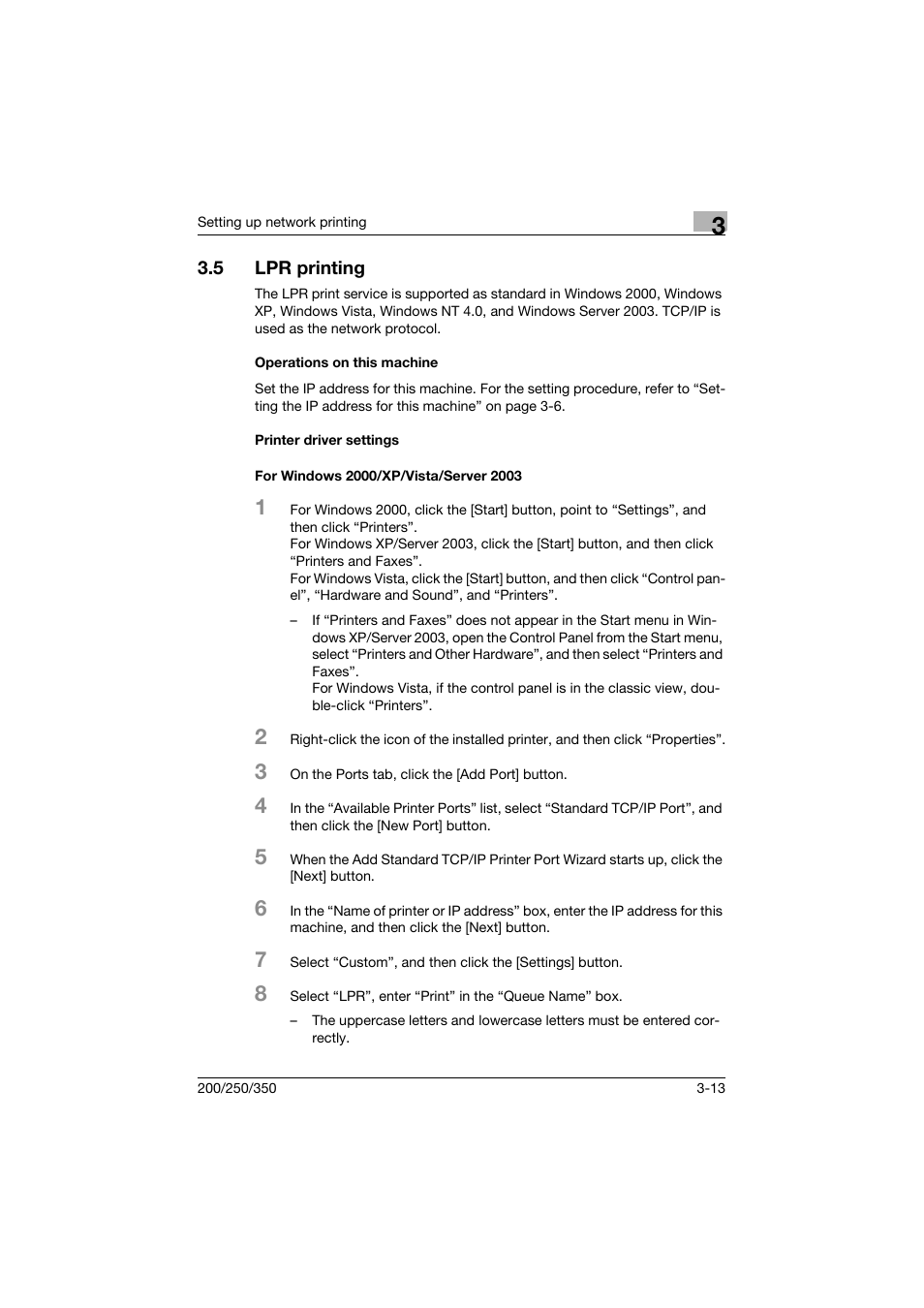 5 lpr printing, Operations on this machine, Printer driver settings | For windows 2000/xp/vista/server 2003, Lpr printing -13 | Konica Minolta bizhub 200 User Manual | Page 72 / 382