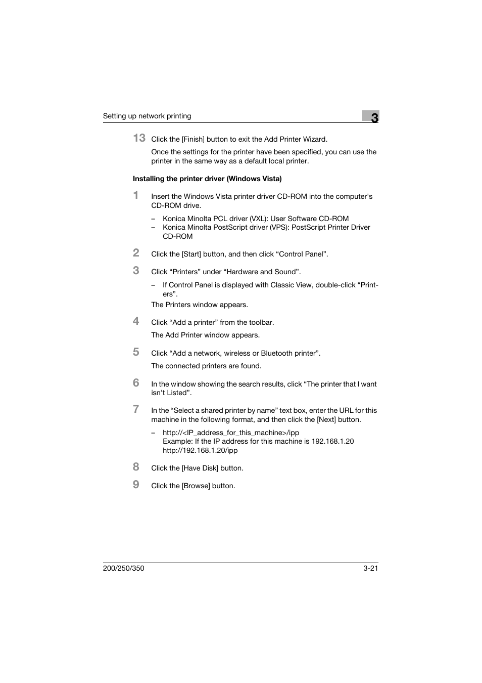 Installing the printer driver (windows vista), Installing the printer driver (windows vista) -21 | Konica Minolta bizhub 200 User Manual | Page 80 / 382