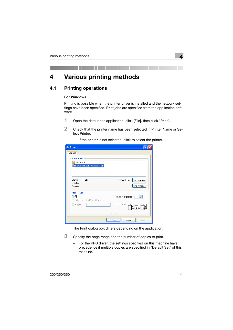 4 various printing methods, 1 printing operations, For windows | Various printing methods, Printing operations -1, For windows -1, 4various printing methods | Konica Minolta bizhub 200 User Manual | Page 96 / 382