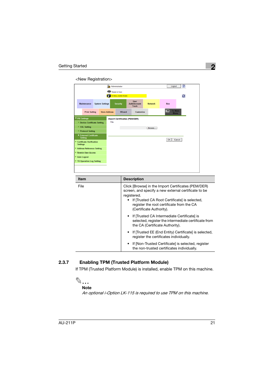 7 enabling tpm (trusted platform module), Enabling tpm (trusted platform module) | Konica Minolta bizhub 364e User Manual | Page 22 / 72