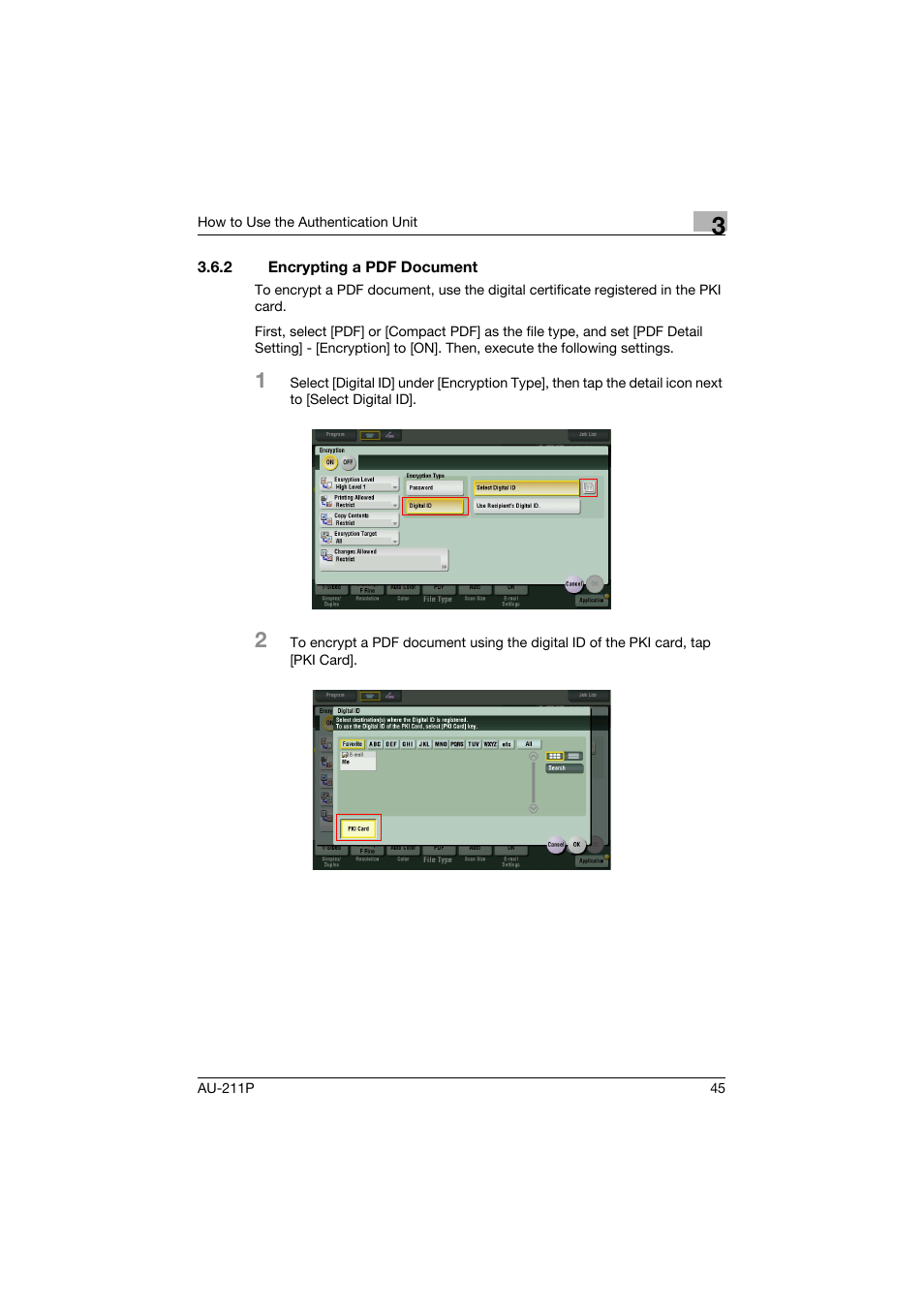 2 encrypting a pdf document, Encrypting a pdf document | Konica Minolta bizhub 364e User Manual | Page 46 / 72