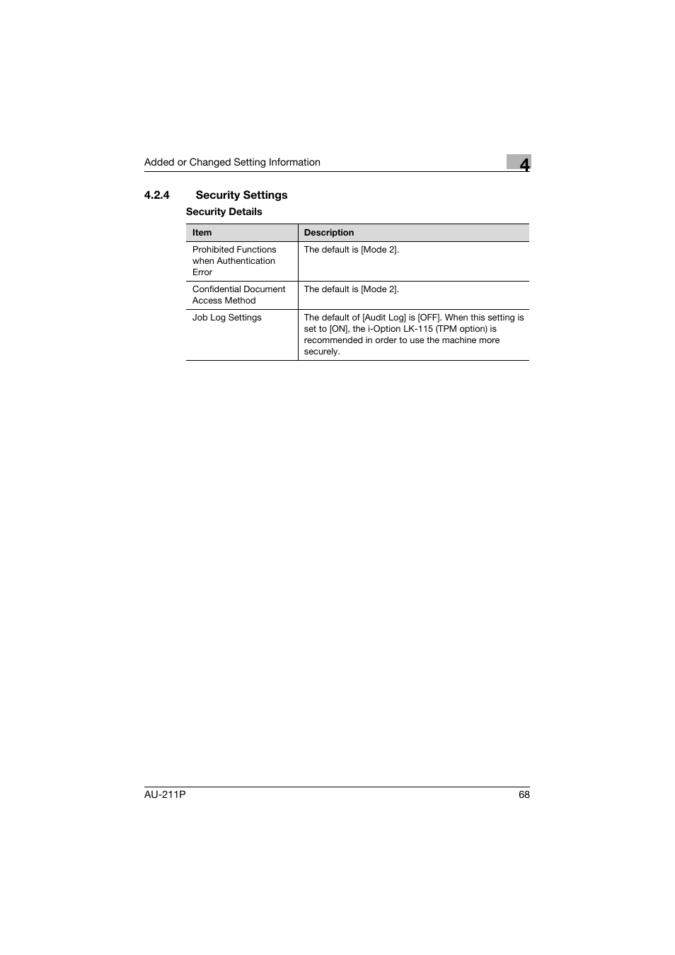 4 security settings, Security settings | Konica Minolta bizhub 364e User Manual | Page 69 / 72