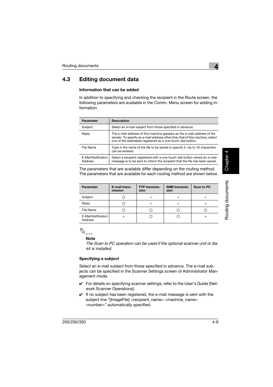 3 editing document data, Information that can be added, Specifying a subject | Editing document data -9 | Konica Minolta bizhub 200 User Manual | Page 100 / 204