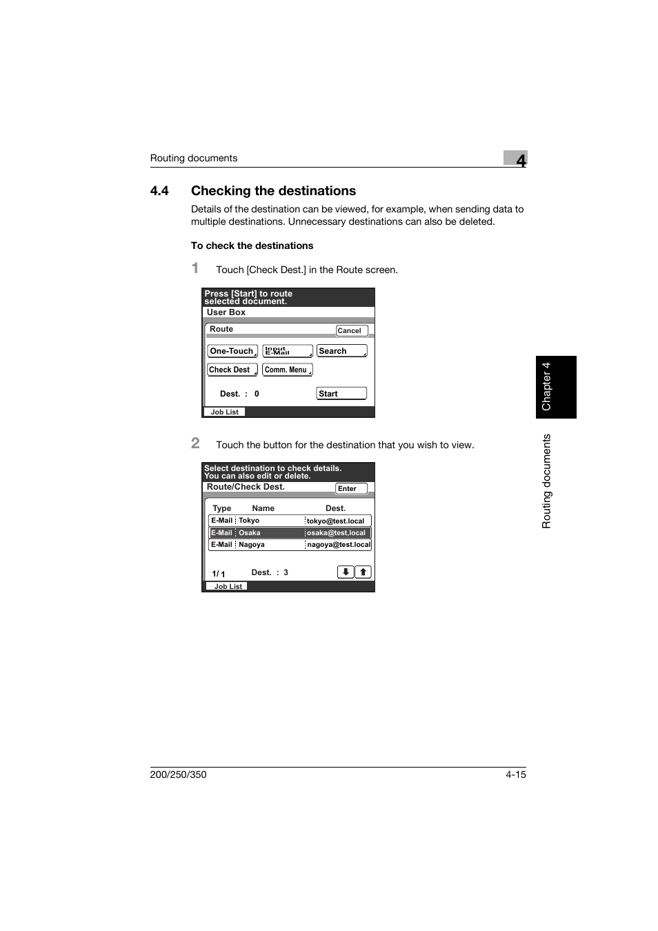 4 checking the destinations, To check the destinations, Checking the destinations -15 | To check the destinations -15 | Konica Minolta bizhub 200 User Manual | Page 106 / 204