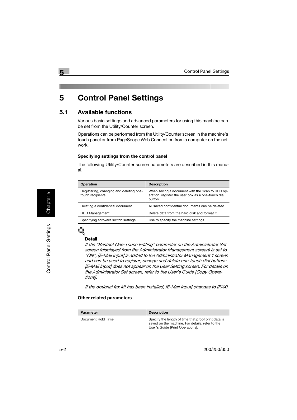 5 control panel settings, 1 available functions, Specifying settings from the control panel | Other related parameters, Control panel settings, Available functions -2, 5control panel settings | Konica Minolta bizhub 200 User Manual | Page 109 / 204