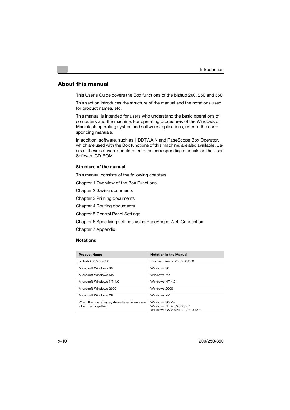 About this manual, Structure of the manual, Notations | Konica Minolta bizhub 200 User Manual | Page 11 / 204