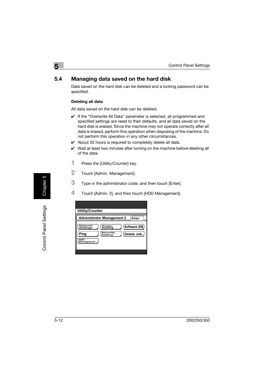 4 managing data saved on the hard disk, Deleting all data, Managing data saved on the hard disk -12 | Deleting all data -12 | Konica Minolta bizhub 200 User Manual | Page 119 / 204