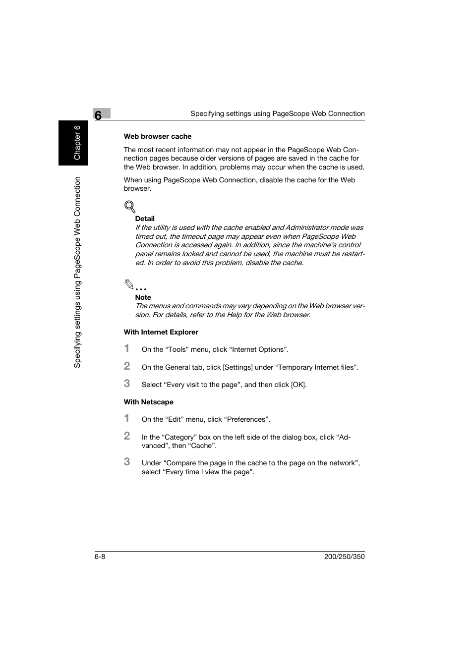 Web browser cache, With internet explorer, With netscape | Konica Minolta bizhub 200 User Manual | Page 149 / 204