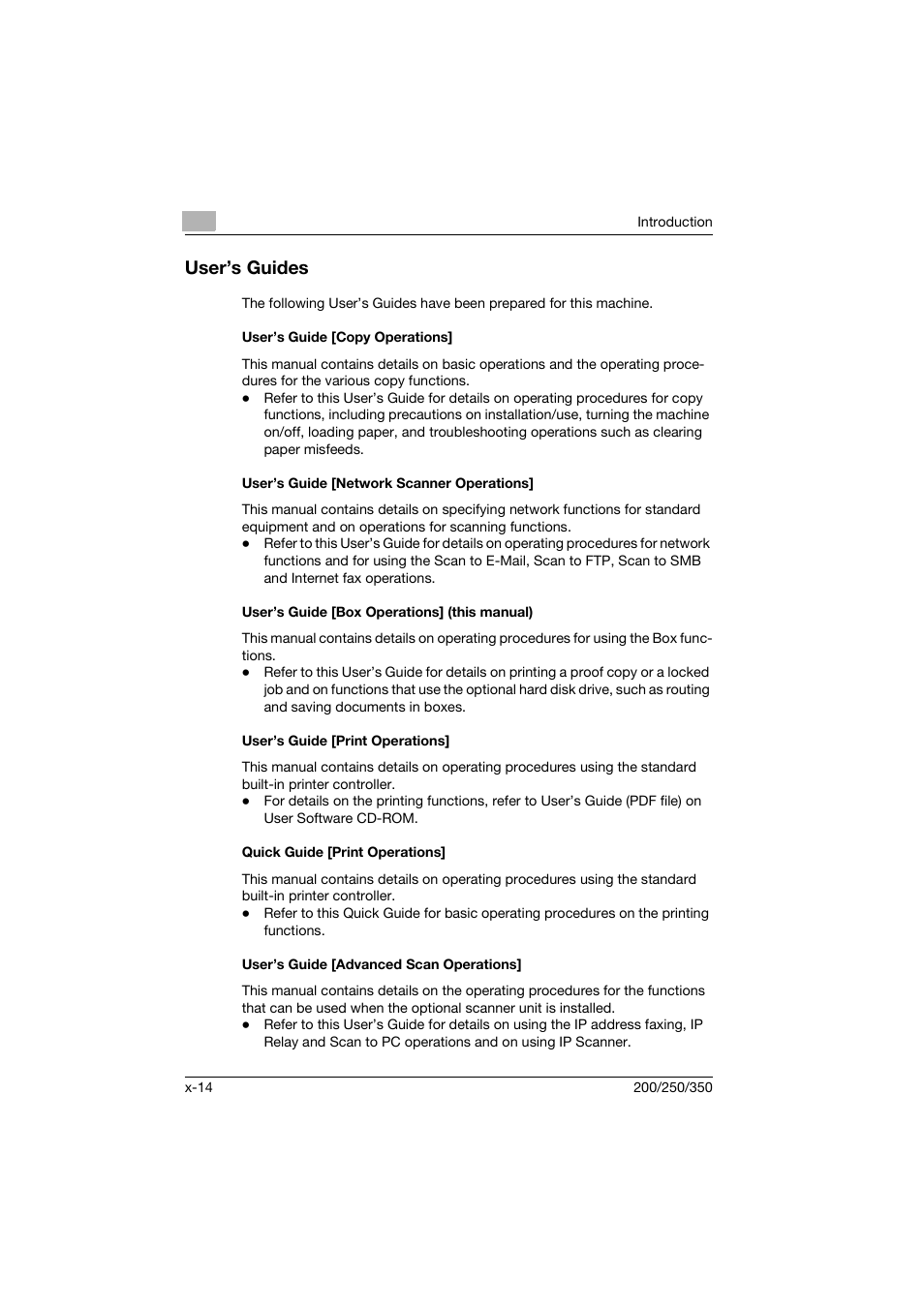 User’s guides, User’s guide [copy operations, User’s guide [network scanner operations | User’s guide [box operations] (this manual), User’s guide [print operations, Quick guide [print operations, User’s guide [advanced scan operations | Konica Minolta bizhub 200 User Manual | Page 15 / 204