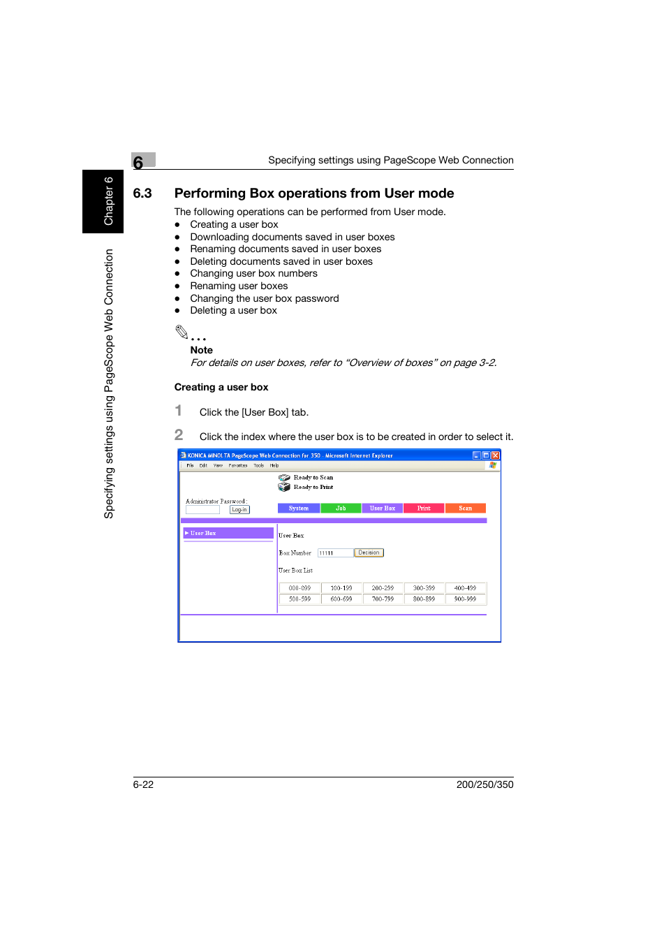 3 performing box operations from user mode, Creating a user box, Performing box operations from user mode -22 | Creating a user box -22 | Konica Minolta bizhub 200 User Manual | Page 163 / 204