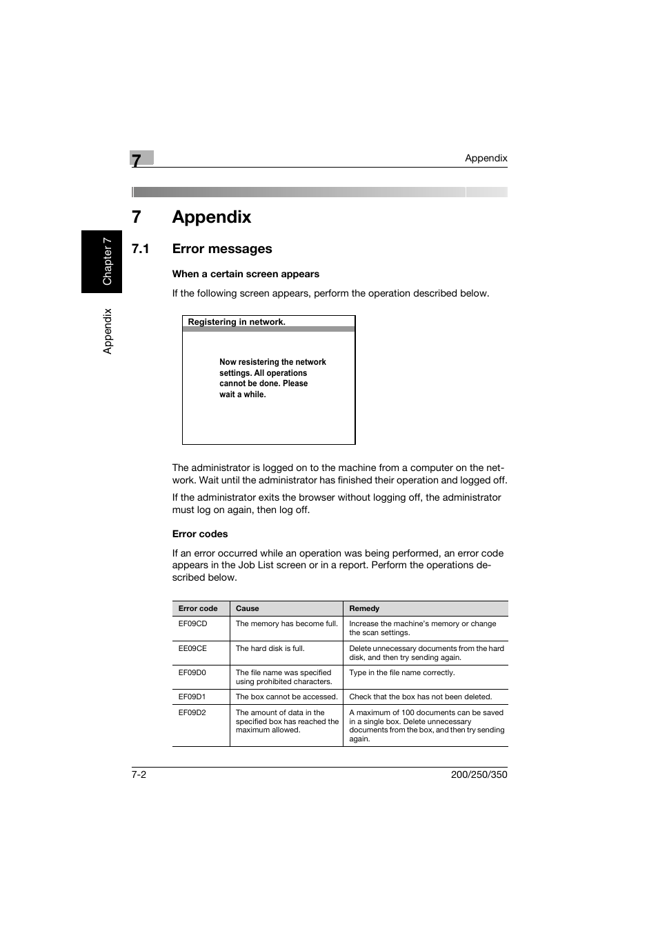 7 appendix, 1 error messages, When a certain screen appears | Error codes, Appendix, Error messages -2, When a certain screen appears -2 error codes -2, 7appendix | Konica Minolta bizhub 200 User Manual | Page 195 / 204