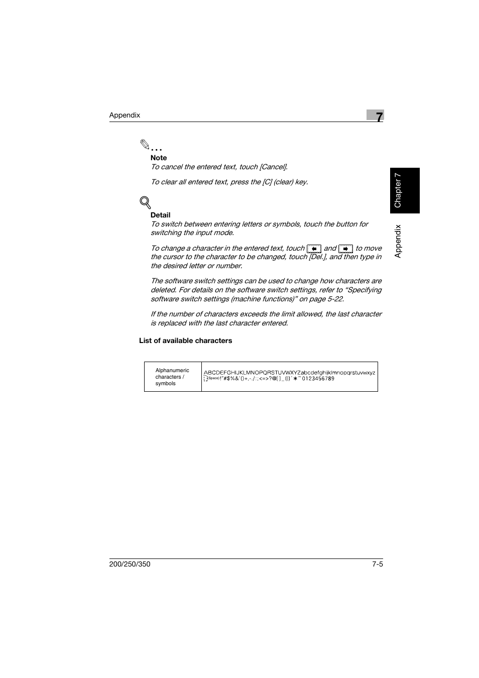 List of available characters, List of available characters -5 | Konica Minolta bizhub 200 User Manual | Page 198 / 204