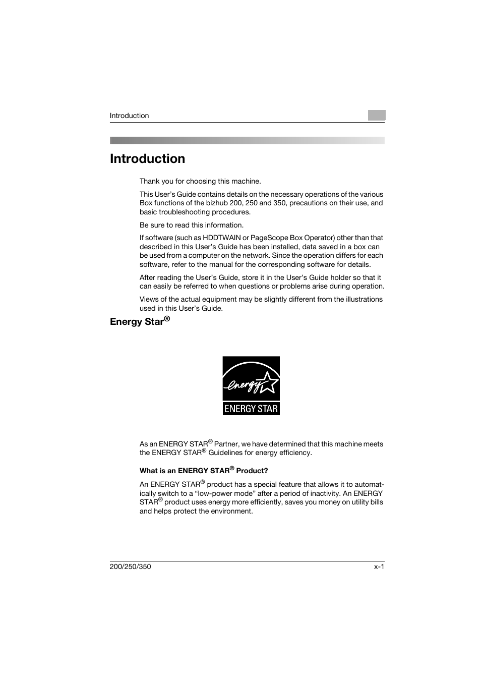 Introduction, Energy star, What is an energy star® product | Konica Minolta bizhub 200 User Manual | Page 2 / 204