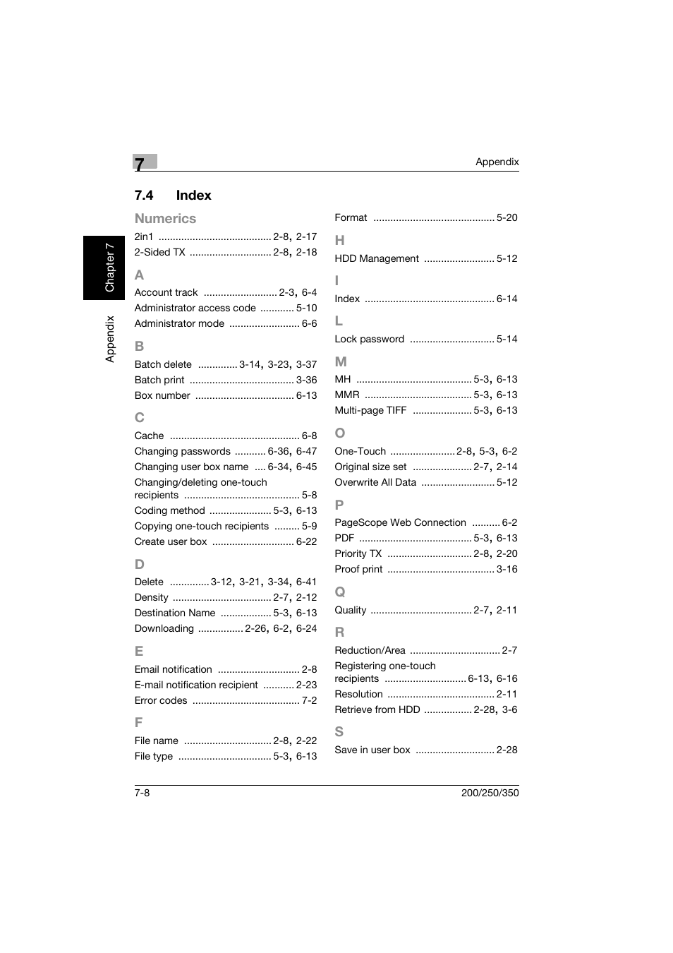 4 index, A to s, Index -8 | Konica Minolta bizhub 200 User Manual | Page 201 / 204