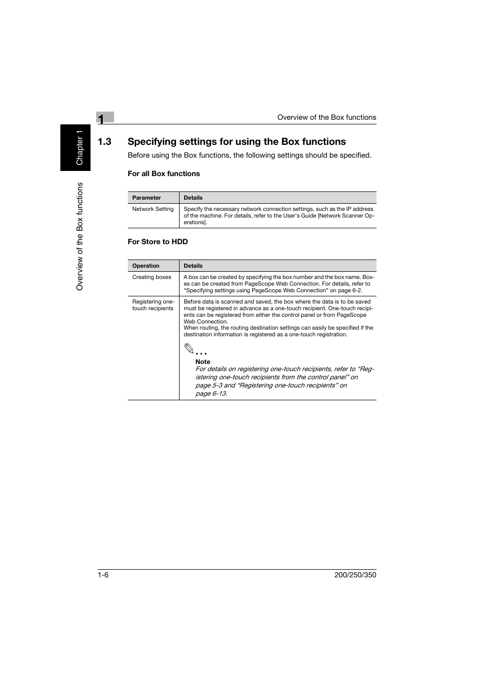 3 specifying settings for using the box functions, For all box functions, For store to hdd | Specifying settings for using the box functions -6, For all box functions -6 for store to hdd -6 | Konica Minolta bizhub 200 User Manual | Page 23 / 204