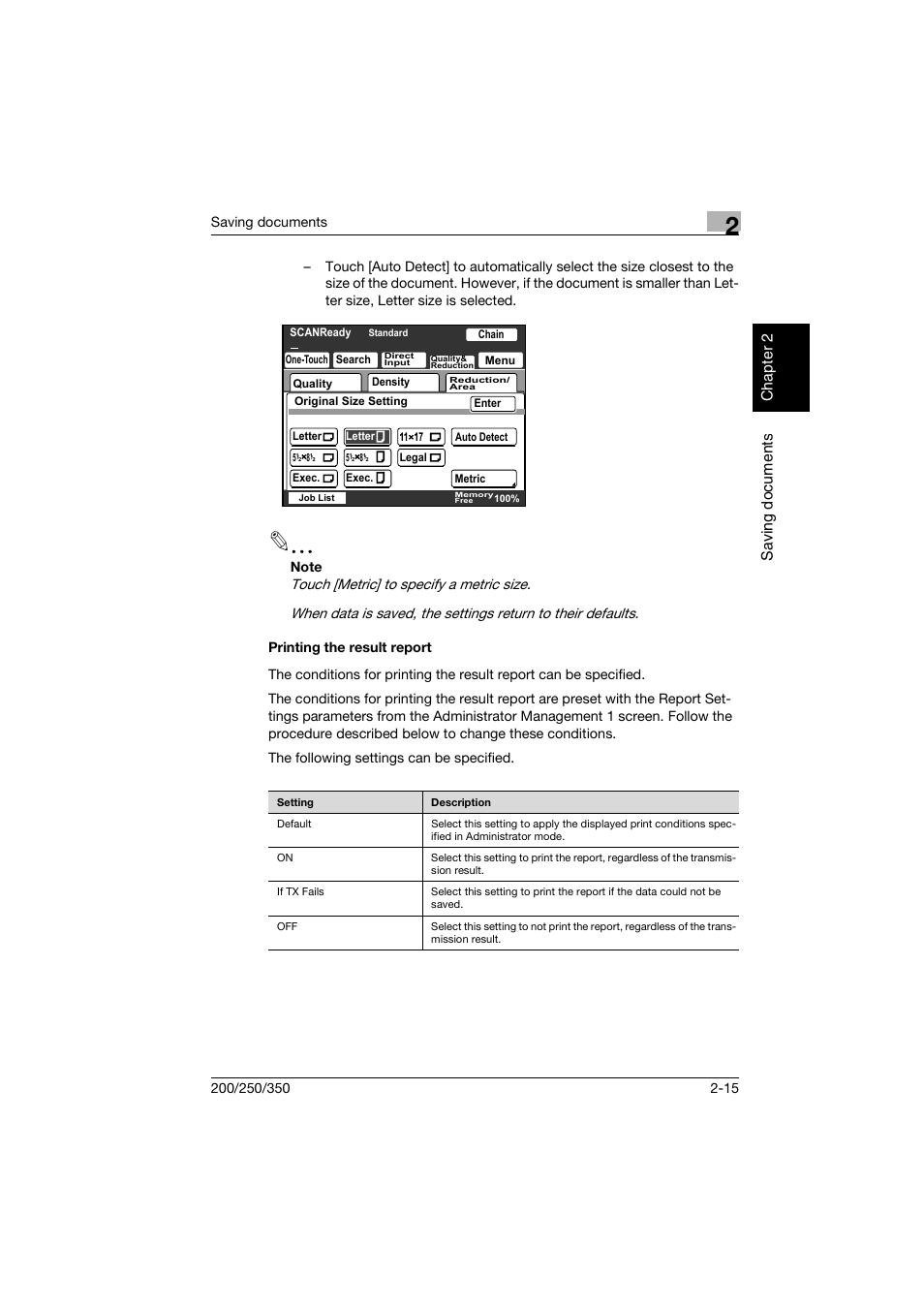 Printing the result report, Printing the result report -15, P. 2-15 | Konica Minolta bizhub 200 User Manual | Page 38 / 204