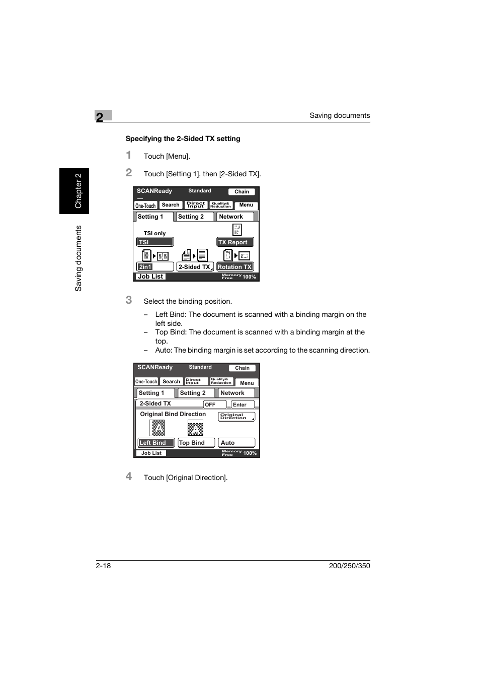 Specifying the 2-sided tx setting, Specifying the 2-sided tx setting -18, P. 2-18 | Konica Minolta bizhub 200 User Manual | Page 41 / 204