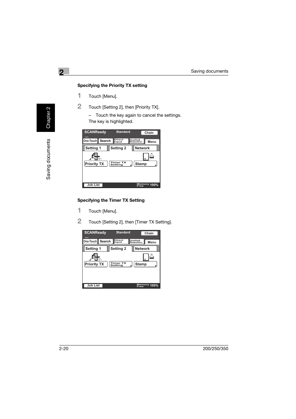 Specifying the priority tx setting, Specifying the timer tx setting, P. 2-20 | Konica Minolta bizhub 200 User Manual | Page 43 / 204