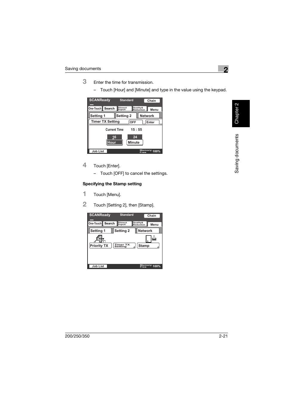 Specifying the stamp setting, Specifying the stamp setting -21, P. 2-21 | Konica Minolta bizhub 200 User Manual | Page 44 / 204