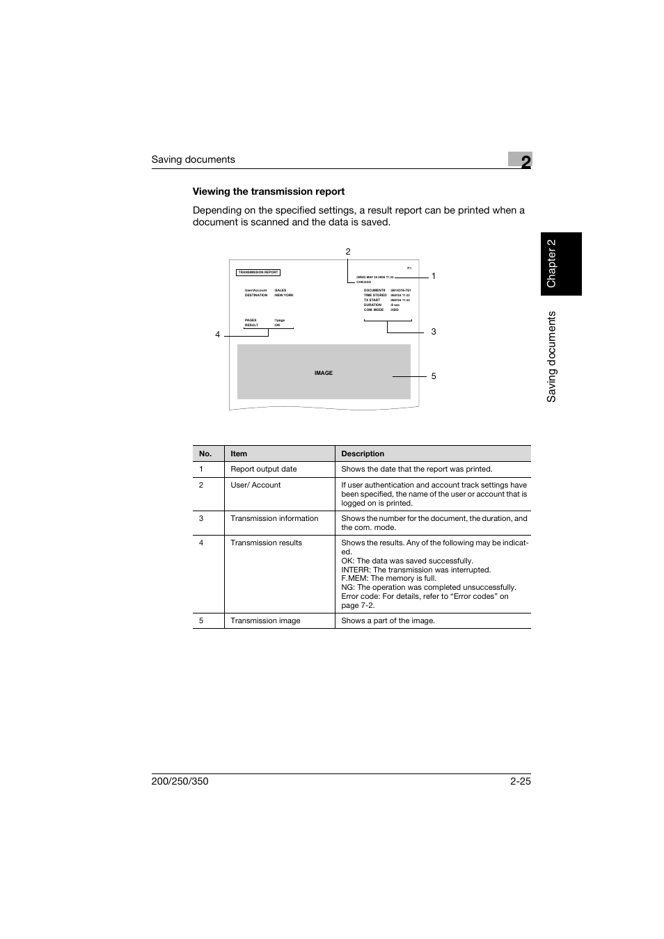 Viewing the transmission report, Viewing the transmission report -25, Saving documents | Konica Minolta bizhub 200 User Manual | Page 48 / 204