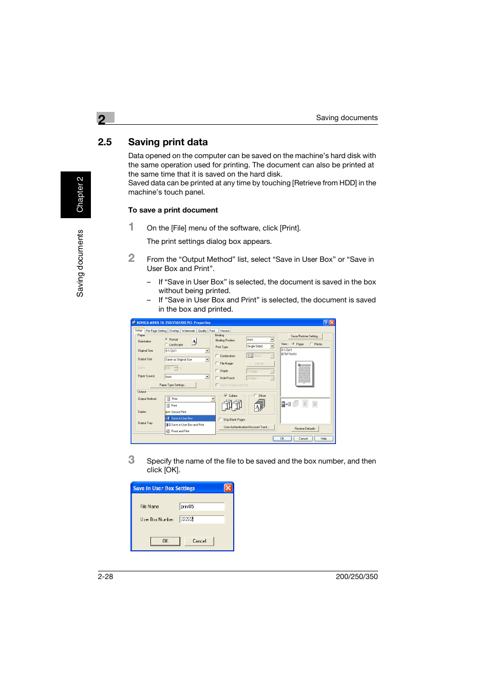5 saving print data, To save a print document, Saving print data -28 | To save a print document -28 | Konica Minolta bizhub 200 User Manual | Page 51 / 204