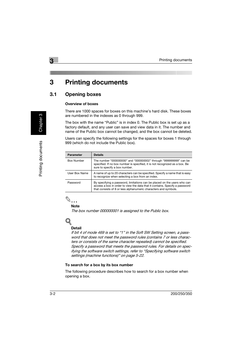 3 printing documents, 1 opening boxes, Overview of boxes | To search for a box by its box number, Printing documents, Opening boxes -2, 3printing documents | Konica Minolta bizhub 200 User Manual | Page 55 / 204