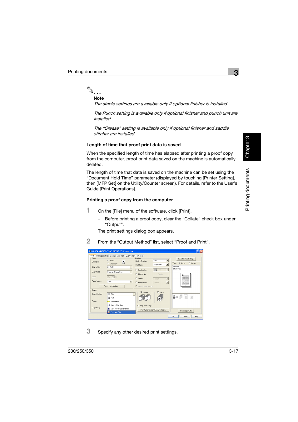 Length of time that proof print data is saved, Printing a proof copy from the computer | Konica Minolta bizhub 200 User Manual | Page 70 / 204