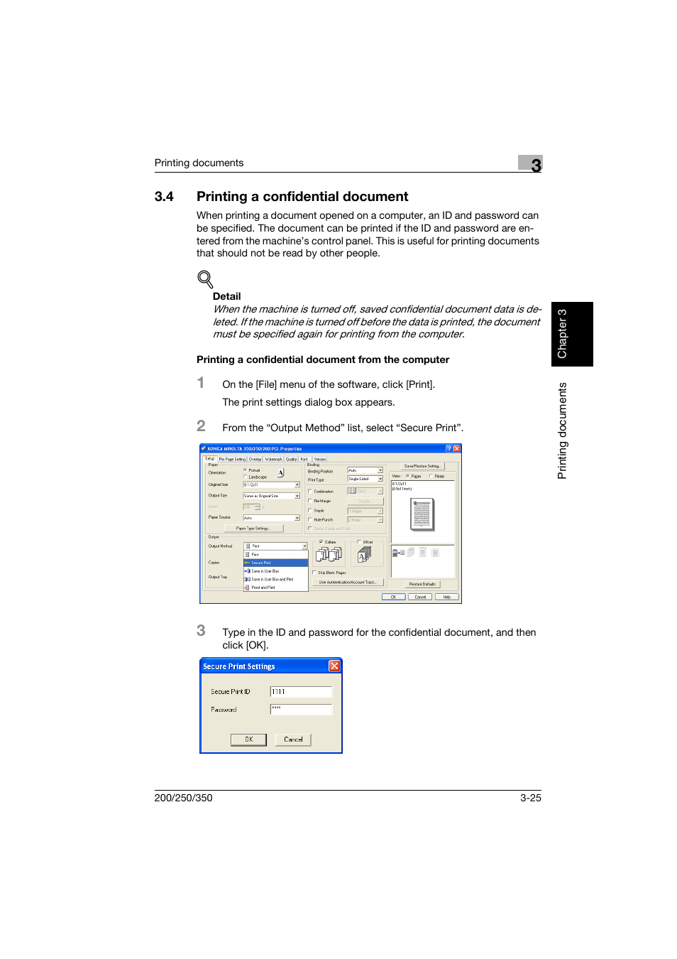 4 printing a confidential document, Printing a confidential document from the computer, Printing a confidential document -25 | Konica Minolta bizhub 200 User Manual | Page 78 / 204