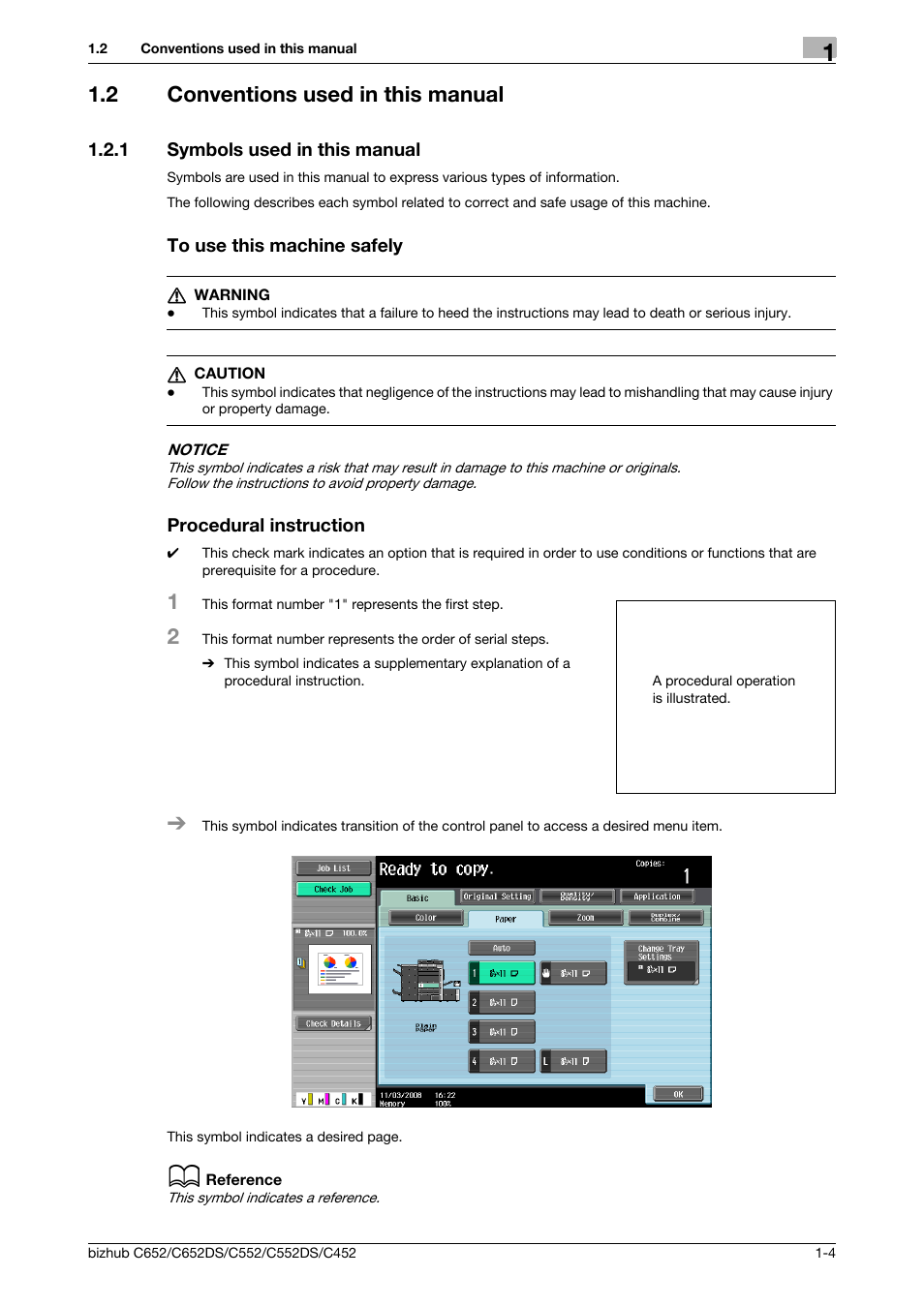 2 conventions used in this manual, 1 symbols used in this manual, To use this machine safely | Procedural instruction, Conventions used in this manual -4 | Konica Minolta BIZHUB C652DS User Manual | Page 11 / 307