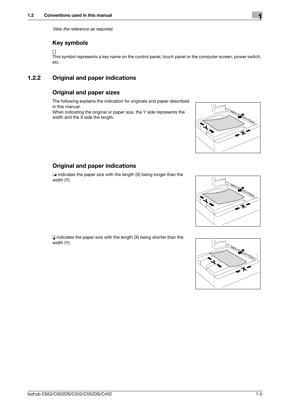 Key symbols, 2 original and paper indications, Original and paper sizes | Original and paper indications, Key symbols -5 | Konica Minolta BIZHUB C652DS User Manual | Page 12 / 307