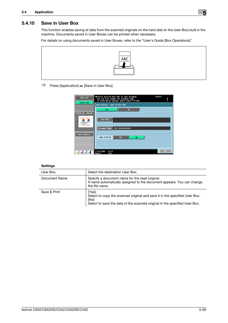 10 save in user box, Save in user box -60, P. 5-60 | Konica Minolta BIZHUB C652DS User Manual | Page 126 / 307