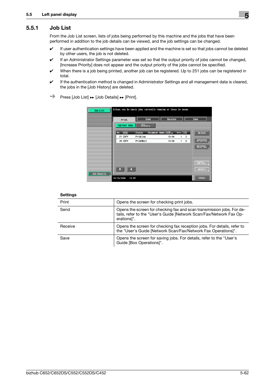 1 job list, Job list -62, P. 5-62 | Konica Minolta BIZHUB C652DS User Manual | Page 128 / 307