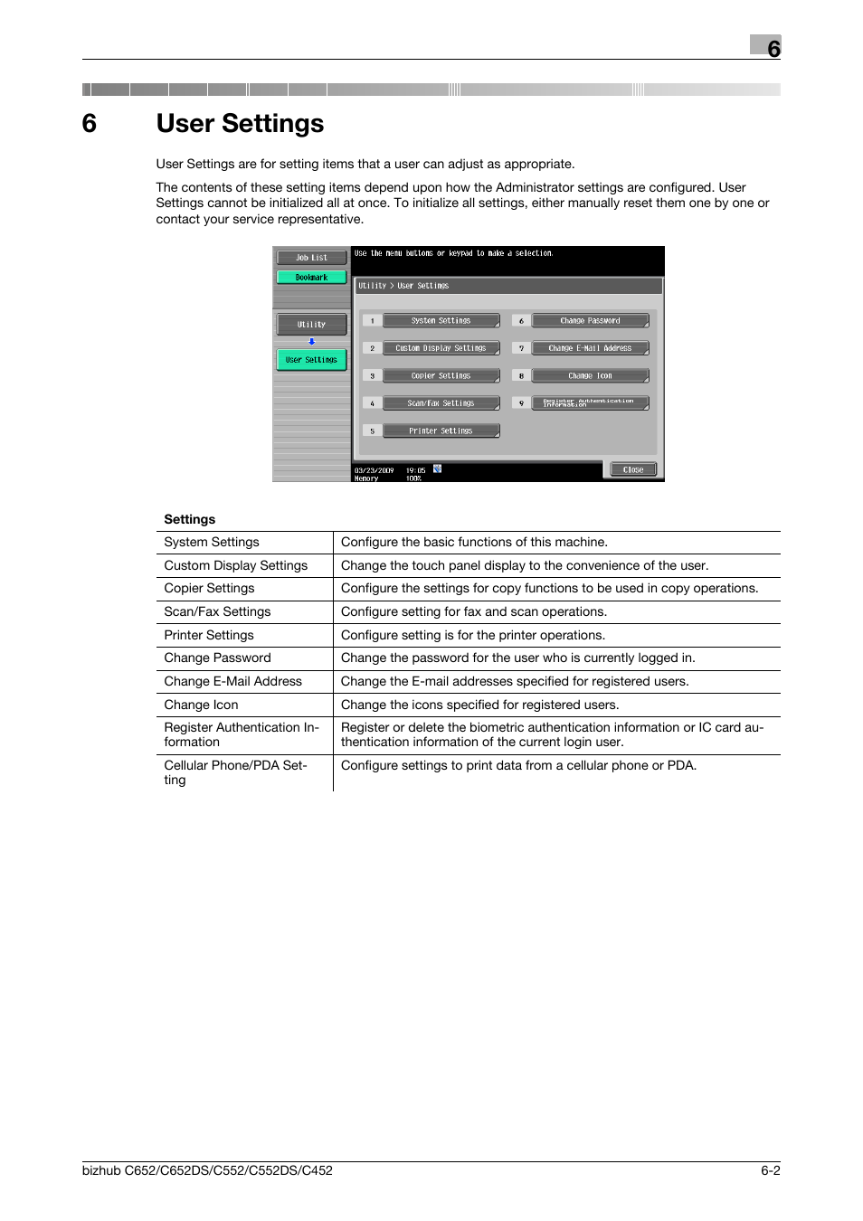 6 user settings, User settings, 6user settings | Konica Minolta BIZHUB C652DS User Manual | Page 132 / 307