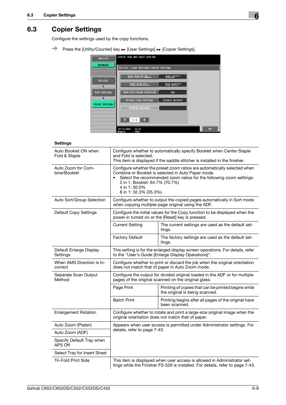 3 copier settings, Copier settings -8, P. 6-8 | Konica Minolta BIZHUB C652DS User Manual | Page 138 / 307