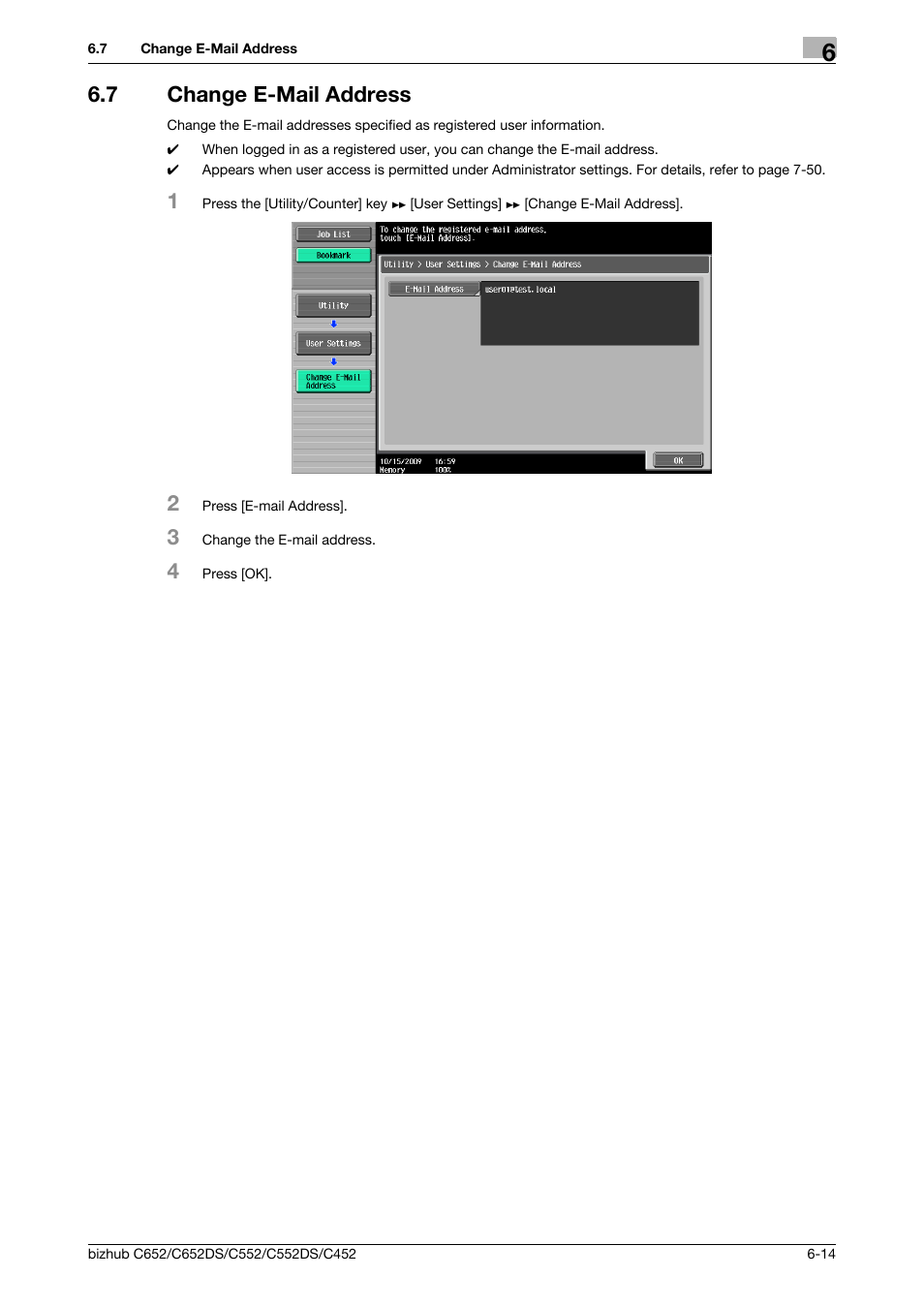 7 change e-mail address, Change e-mail address -14 | Konica Minolta BIZHUB C652DS User Manual | Page 144 / 307